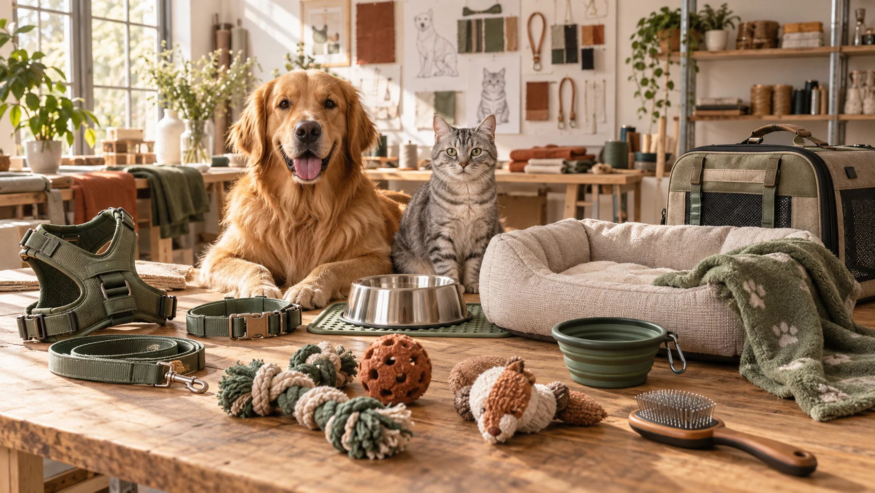 Dog and cat with a multi-category private-label pet supplies collection in a product development studio
