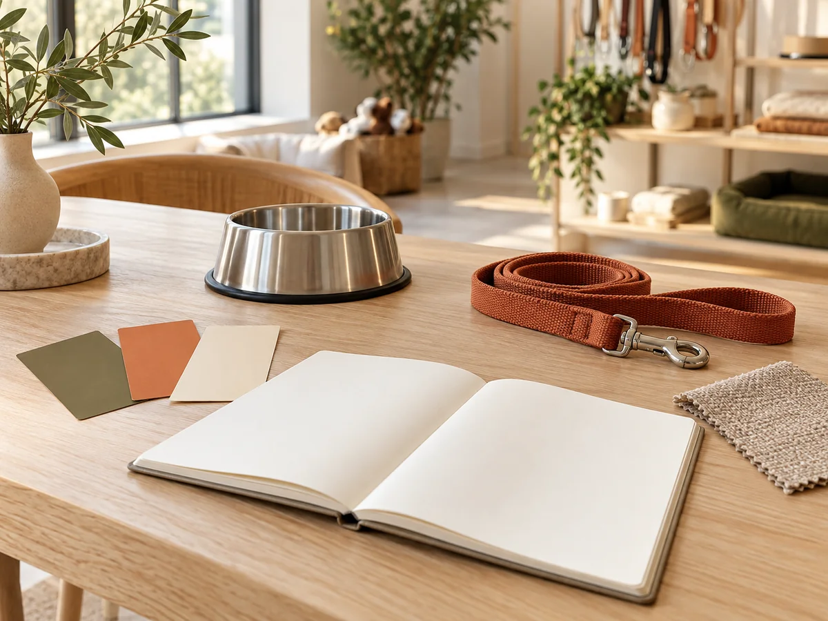 Illustrative pet product buyer workspace with blank planning materials