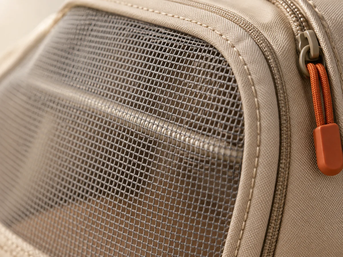 Soft-sided pet carrier illustrative construction close-up