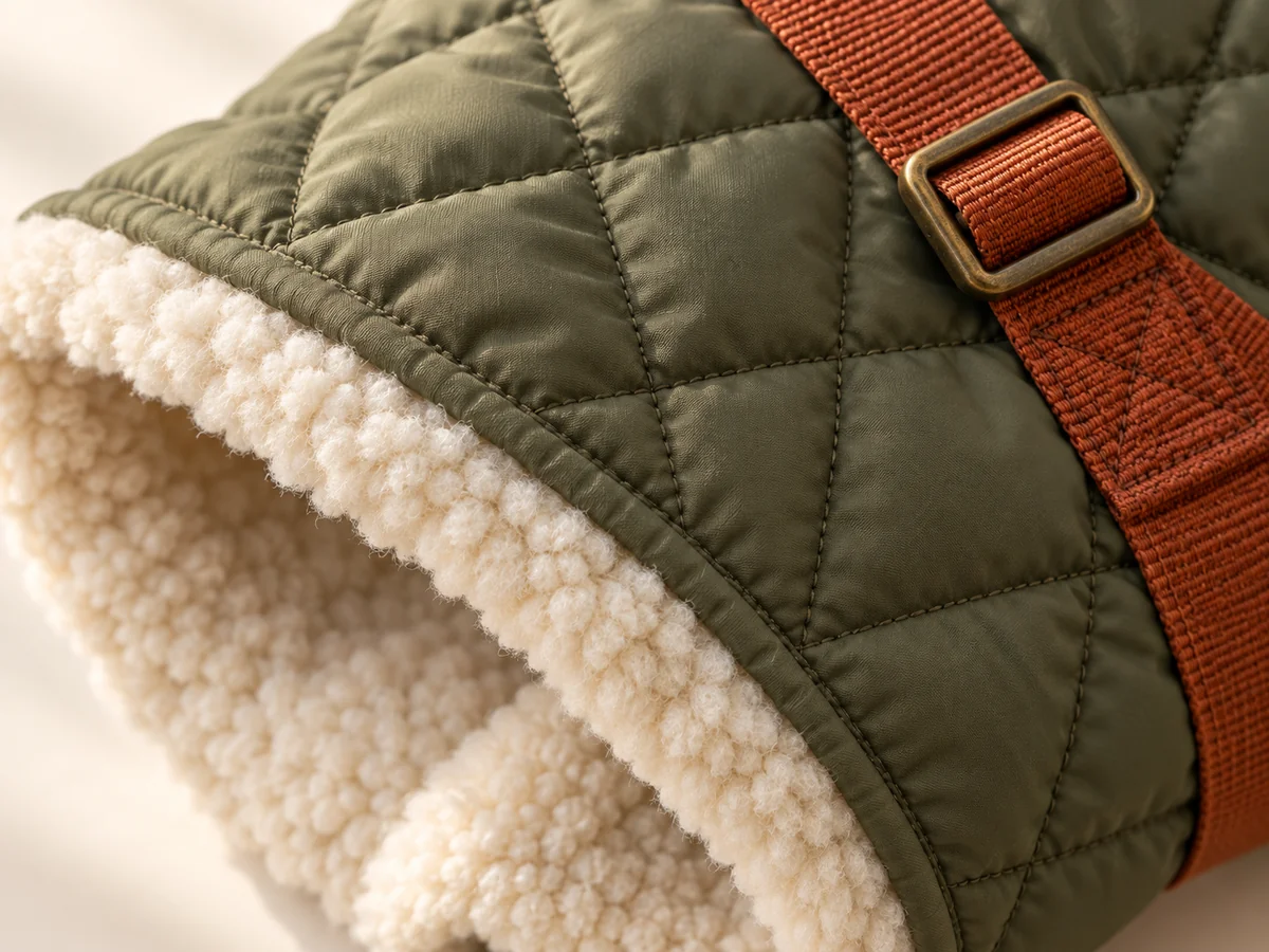 Dog winter coat illustrative construction close-up