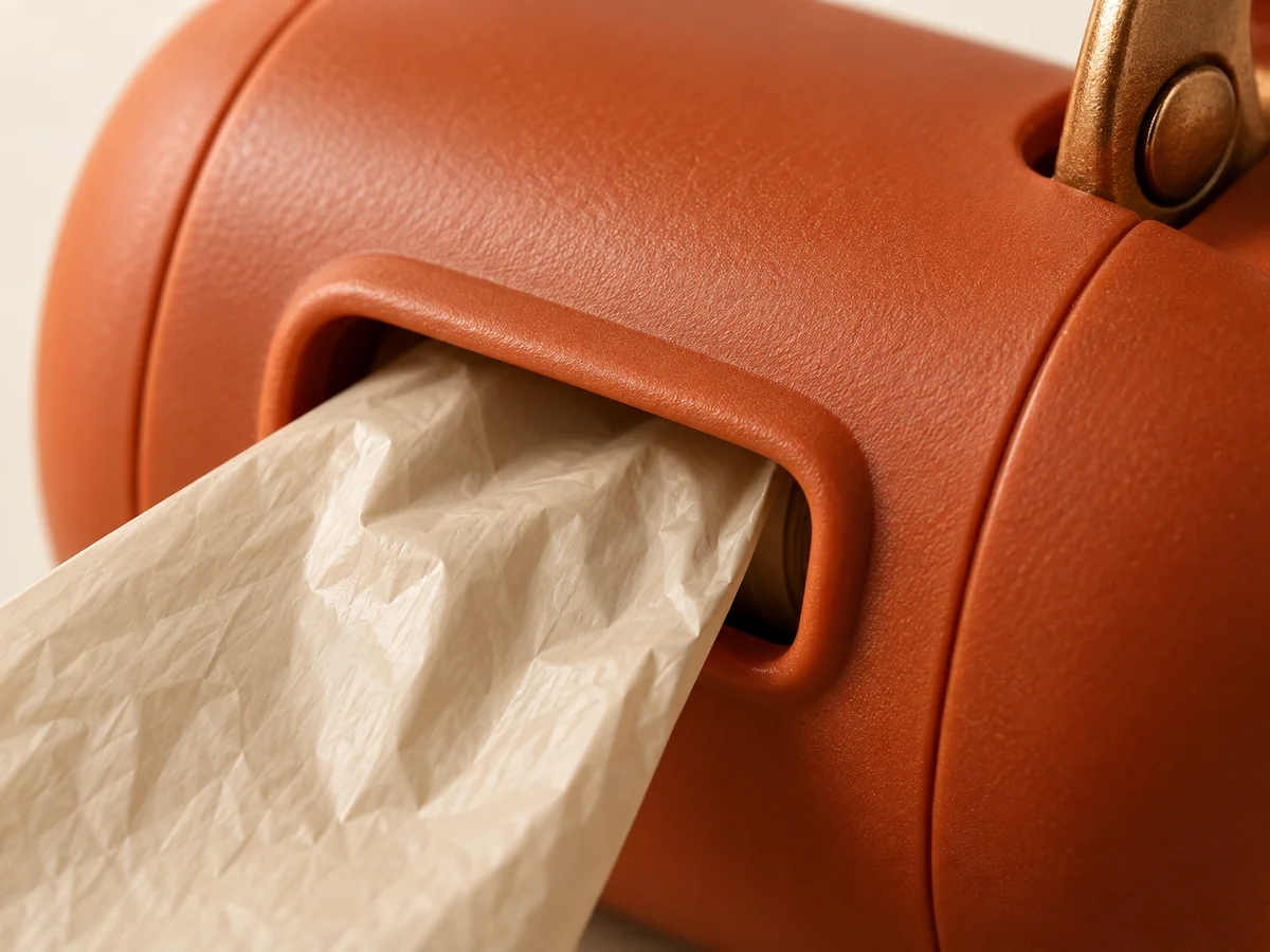 Waste bag dispenser illustrative construction close-up