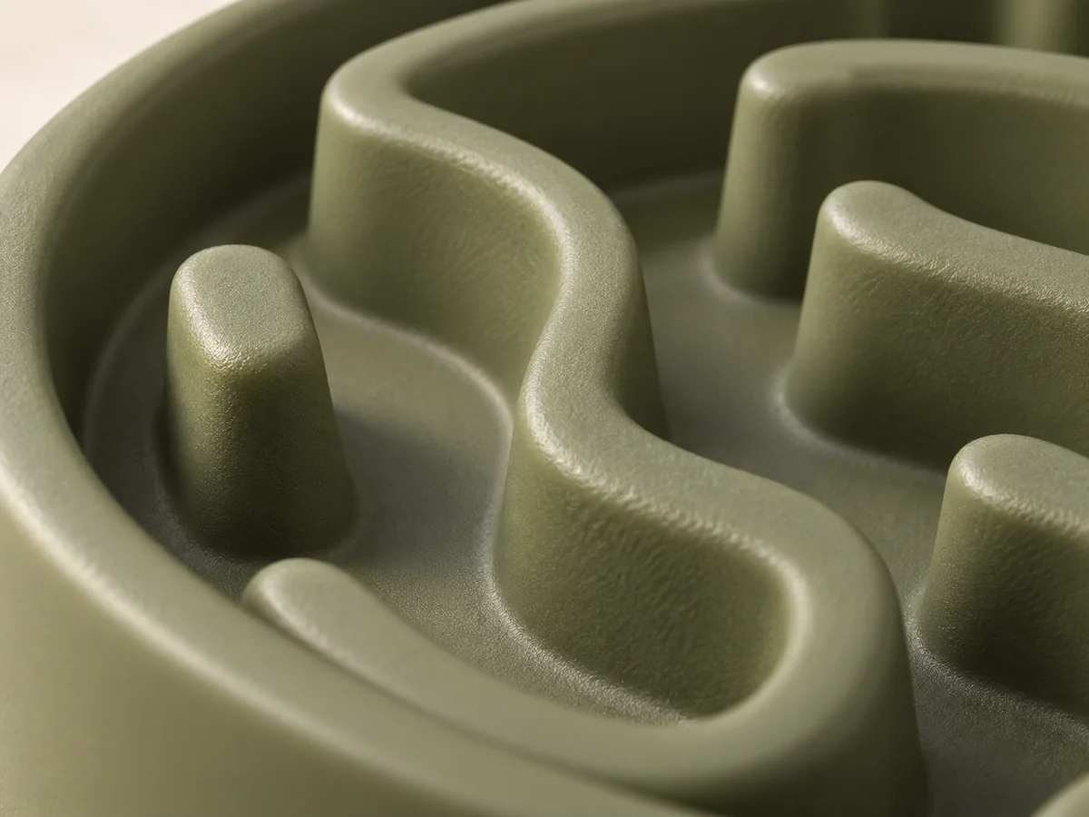 Slow feeder bowl illustrative construction close-up