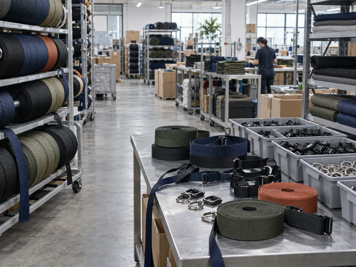 Illustrative pet accessories material preparation area with webbing, hardware and fabric