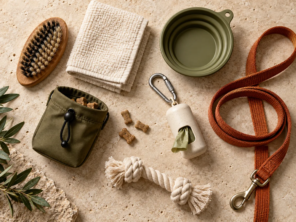 Pet accessories and care items arranged for a sourcing discussion