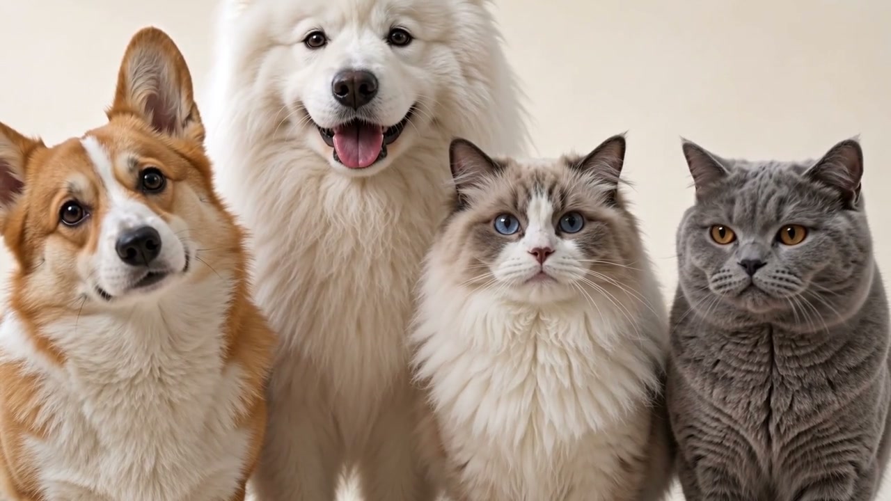 A corgi, Samoyed, Ragdoll and British Shorthair coming close to the camera