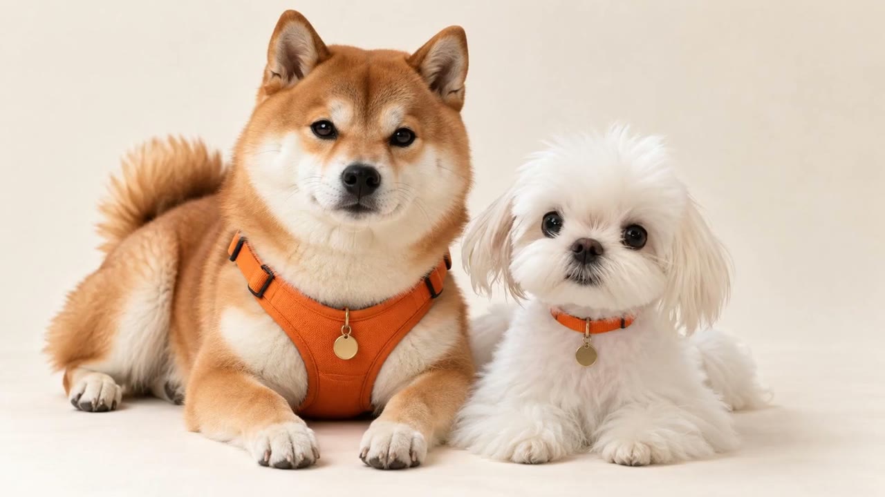 A Shiba Inu in an orange harness and a Maltese resting side by side