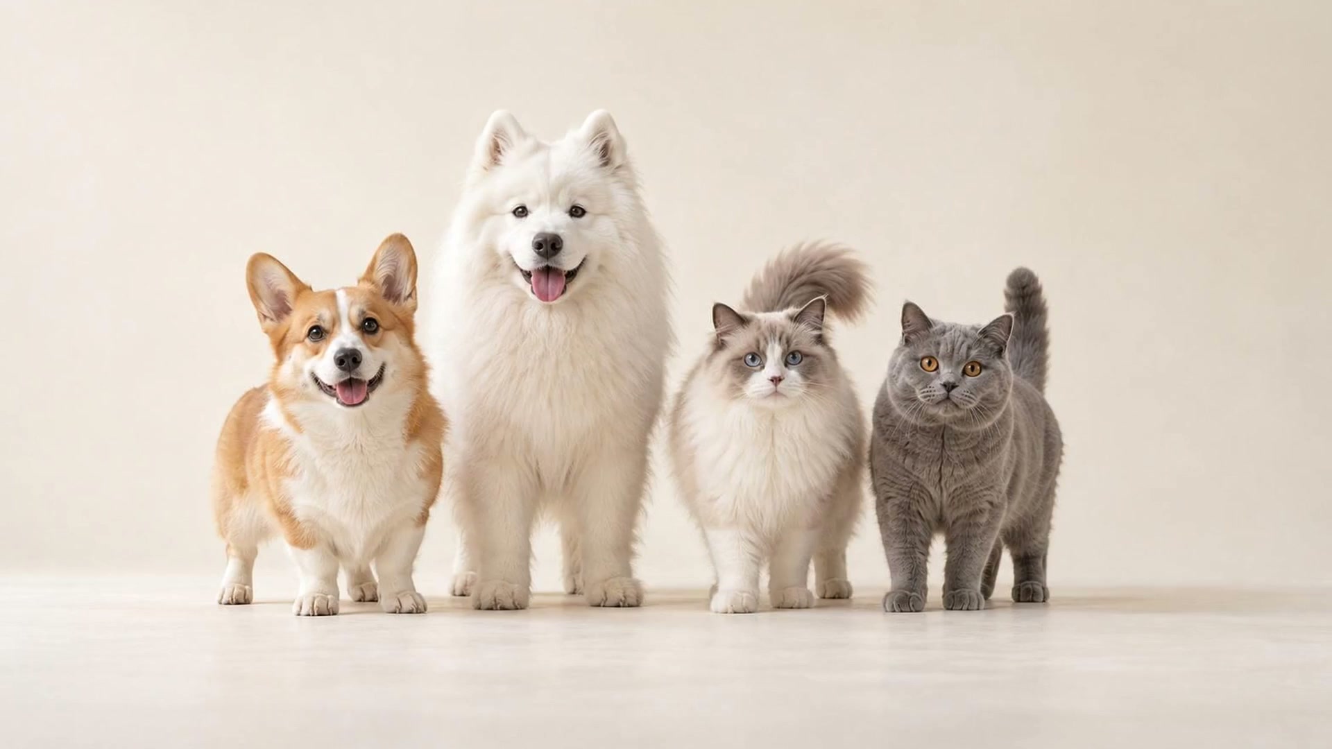 A corgi, Samoyed, Ragdoll cat and British Shorthair standing together