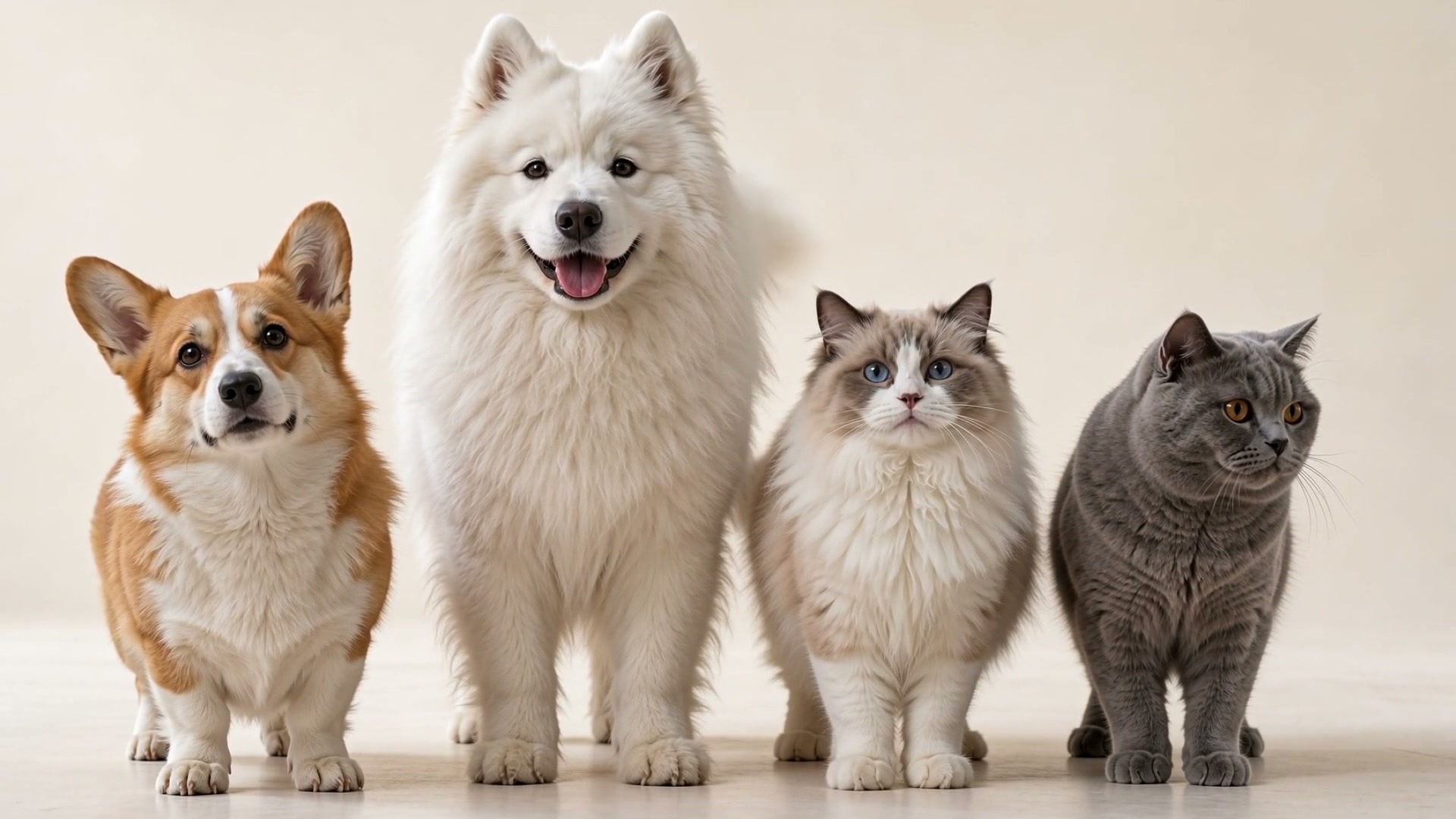 A corgi, Samoyed, Ragdoll and British Shorthair coming close to the camera