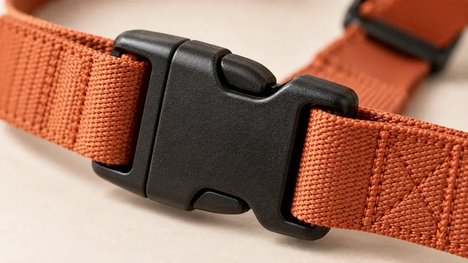 Side-release buckle close-up on rust orange webbing, studio concept