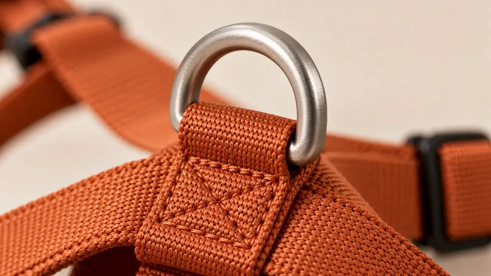 D-ring attachment close-up on rust orange webbing, studio concept