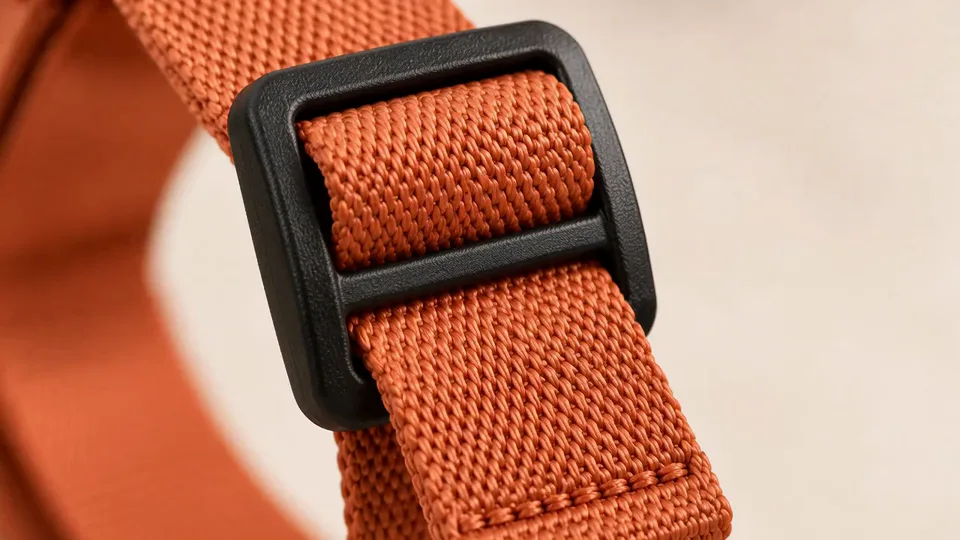 Adjustment slider close-up on rust orange webbing, studio concept