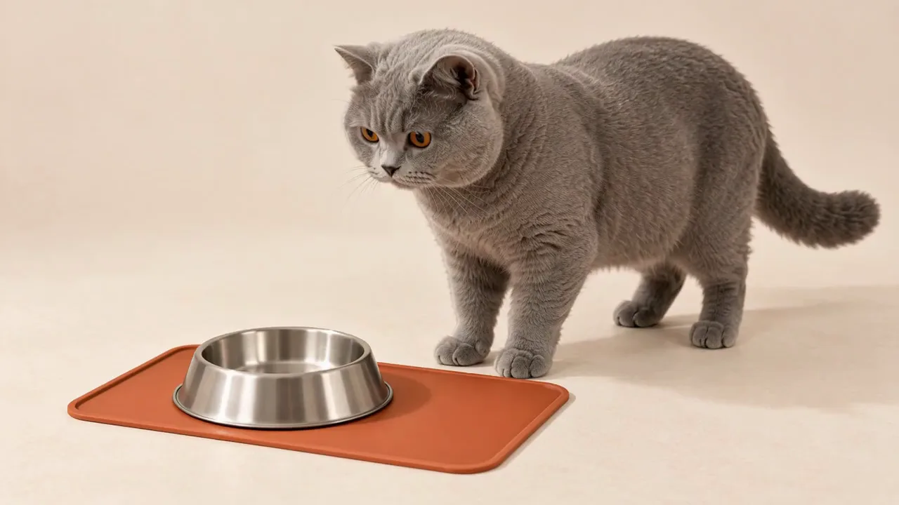 British Shorthair eating from a stainless bowl on a silicone mat, studio concept