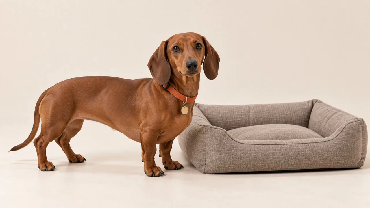 Dachshund settling into a bolster bed, studio concept