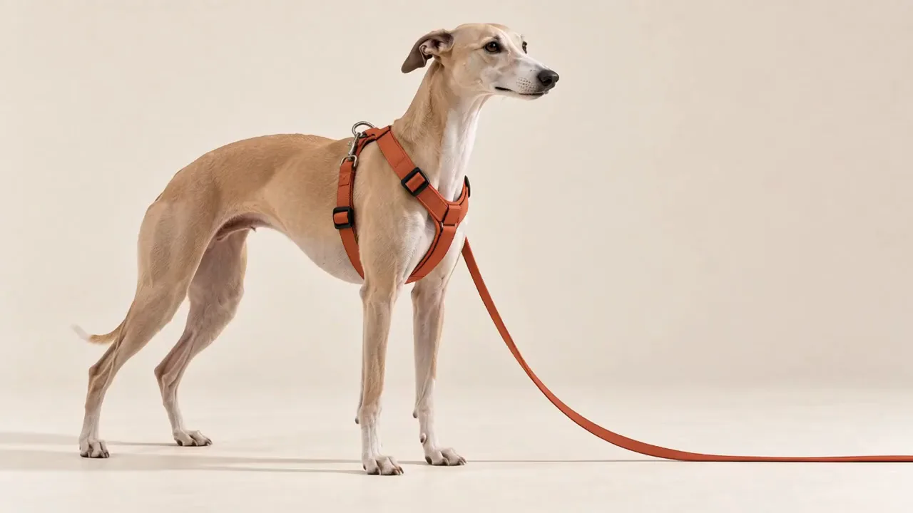 Whippet walking in a rust orange harness and leash, studio concept
